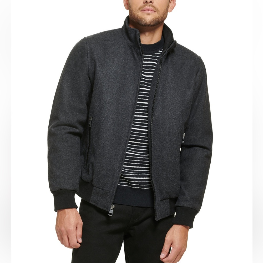 Calvin Klein men’s wool bomber zip up charcoal jacket with knit trim
